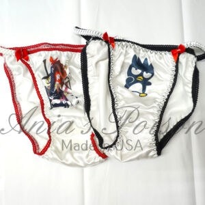 Ania's Sissy white Satin string Bikini 2 Piece Duchess Cut shiny wetlook WOMEN'S character print panties sz 5/S