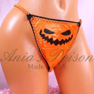 Ania's Sissy women's Satin string Bikini Orange Jack-o-lantern Duchess Cut shiny panties sz 7
