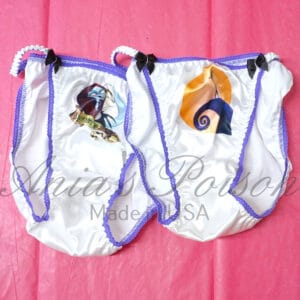 Ania's Sissy white Satin string Bikini 2 Piece Duchess Cut shiny wetlook WOMEN'S character print panties sz 5/S