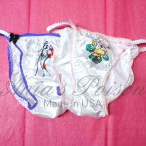 Ania's Sissy white Satin string Bikini 2 Piece Duchess Cut shiny wetlook WOMEN'S character print panties sz 5/S