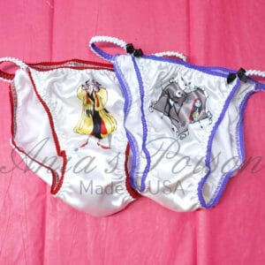 Ania's Sissy white Satin string Bikini 2 Piece Duchess Cut shiny wetlook WOMEN'S character print panties sz 5/S