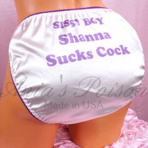 Ania's Sissy Satin string bikini White with Purple text shiny wetlook men's panties sz XXL