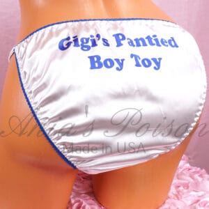 Ania's Sissy Satin White with Blue trim string Bikini shiny wetlook men's panties sz S