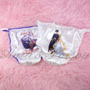 Ania's Sissy white Satin string Bikini 2 Piece Duchess Cut shiny wetlook men's character print panties sz 5/S