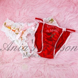 Ania's Sissy women's panties 2 Piece Christmas Lot sz S/5 - Lacy Dino Crotchless Panties, Red Kiss Me Under the Mistletoe string bikini