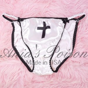 Ania's Sissy Satin White string Bikini Sinner Saint shiny wetlook men's Duchess Cut panties sz 8