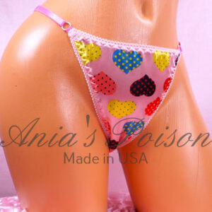 Ania's Sissy Ladies triangle Thong Pink Polka Dot Hearts Satin shiny adjustable sides women's panties sz Reg