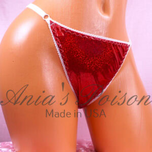 Ania's Sissy Ladies triangle Thong Red Metallic Foil Sparkle shiny adjustable sides women's panties sz Reg