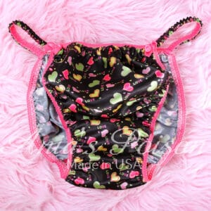 Ania's Sissy Satin string Bikini Black Neon Heart Print shiny wetlook men's panties sz M