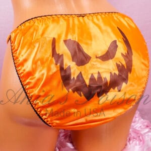 Ania's Sissy Satin Orange string Bikini jack-o-lantern print shiny wetlook men's Poison Cut panties sz S