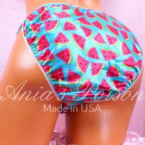 Ania's Sissy Satin string Bikini Watermelon Print Blue shiny men's Poison Cut panties sz S