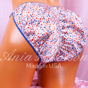 Ania's Sissy men's Satin panties Patriotic Red White Blue Stars July 4th shiny wetlook scrunch butt string bikini sz L