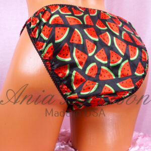 Ania's Sissy Black Satin string bikini Watermelon print shiny wetlook men's panties sz S