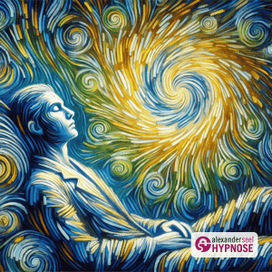 Künstlerisches Kunstwerk im van Gogh Stil, das die Technik der Hypnose zeigt. Wirbelnde Muster repräsentieren Induktion, Vertiefung, Wirkteil und Auflösung.