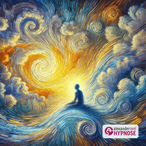 Künstlerisches Bild im van Gogh Stil, das Hypnose als natürlichen Zustand darstellt. Abstrakte Formen symbolisieren Tagträume und Flow-Zustände.