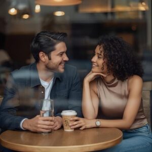 Couple meeting in café, smiling softly, showing reconnection after distance
