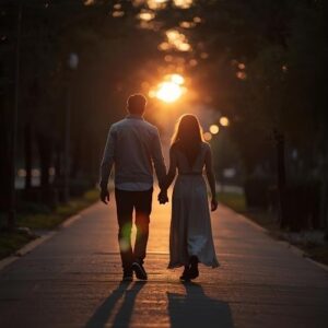 The Secrets of Male Fantasies: Unlock His Hidden Desires and Deepen Intimacy 8 Intimate communication leading to a stronger, closer bond—couple walking hand in hand at dusk.