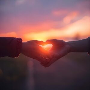 two hands meeting in a sunrise forming a heart