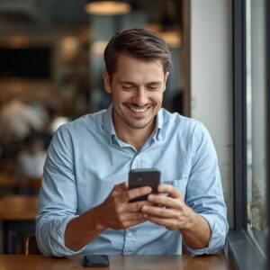 white man smiling while texting, relaxed and confident
