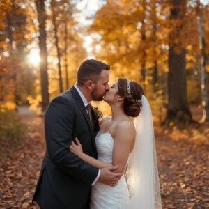 When Is Wedding Season? A Simple Guide to the Most Popular Wedding Months 6 couple kissing at their autumn wedding,