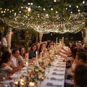 When Is Wedding Season? A Simple Guide to the Most Popular Wedding Months 9 people laughing at a wedding reception,