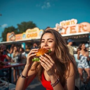 image of a woman eating a hamburger outside