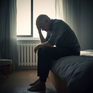elderly man sitting on his bed,