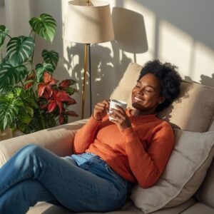 image of a black woman drinking a cup of coffee in her living room,