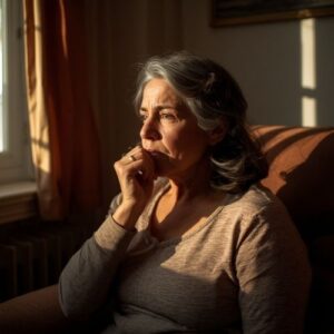image of a middle-aged woman coughing,