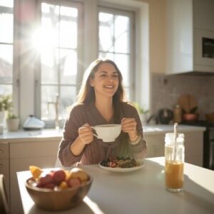 Foods to Avoid During Your Period (And What I Eat Instead) 9 image of a woman enjoying her healthy breakfast in a light kitchen,