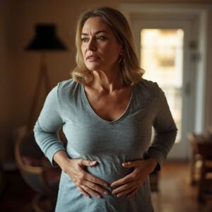Why Do I Pee My Pants When I Run? 7 image of a woman holding her lower abdomen,