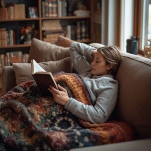 What to Eat During the Luteal Phase: The Foods I Reach For Before My Period 11 woman lying on the couch and reading a book,