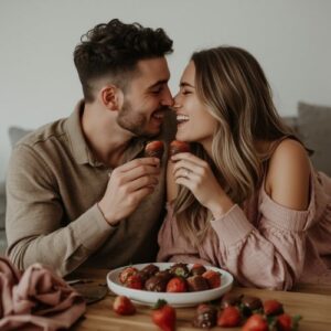 Are Soulmate Drawings Real? What You Should Know Before You Believe the Sketch 6 a man and a woman on a cozy date eating chocolate-dipped and natural strawberries,