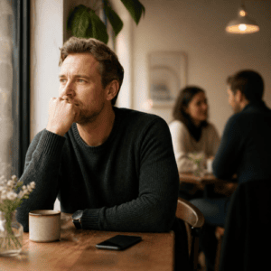 man thinking about his relationship in a café