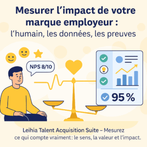 Visuel représentant la mesure de l’impact de la marque employeur : un candidat satisfait et un tableau de bord RH équilibrés sur une balance symbolisant l’alliance entre humain et performance, avec les couleurs de Leihia Talent Acquisition Suite.