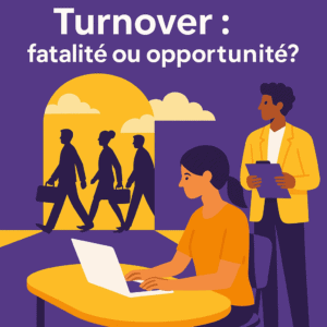 Illustration en flat design montrant des collaborateurs quittant l’entreprise pendant que deux professionnels RH observent et analysent la situation, dans les couleurs violet et jaune Leihia.
