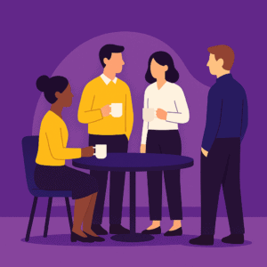Illustration flat design d’un rituel d’équipe autour d’une table, avec une personne en décalage pour montrer que tous les collaborateurs ne vivent pas les rituels de la même façon.