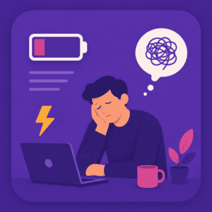 Illustration flat design d’un professionnel fatigué et démotivé dans son environnement de travail.