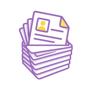 Pile de formulaires de candidature identiques en violet et jaune Leihia avec design flat moderne et fond transparent