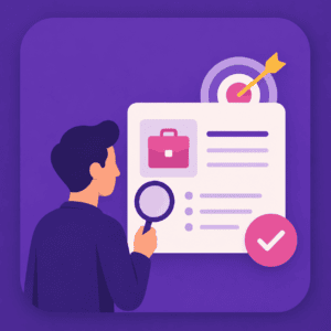 Illustration flat design d’un candidat en recherche d’emploi analysant une offre professionnelle.
