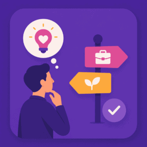 Illustration flat design d’un professionnel réfléchissant à une reconversion et à une nouvelle trajectoire professionnelle.
