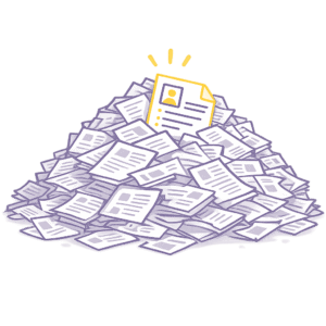 Illustration d’un CV perdu dans une montagne de documents de candidature en violet et jaune Leihia
