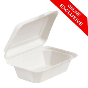 7" x 5" Medium White Compostable Bagasse Clamshell Box (x500) - Website Exclusive