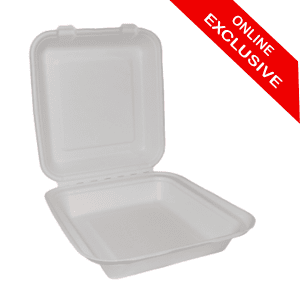 8" x 8" White Moulded Fibre Bagasse Clamshell Box (x200) - Website Exclusive
