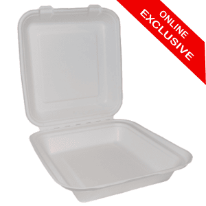 9" x 9" White Moulded Fibre Bagasse Clamshell Box (x200) - Website Exclusive