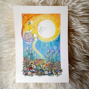 Intuitieve tekening in opdracht, A4, zon, orbs, vlinders, bloemenveld