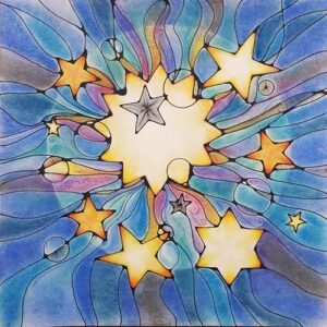 Tekening van een sterrenhemel in neurographic art, gemaakt met pastelkrijt en tekenpen