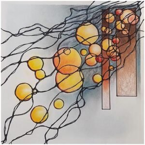 Neurographic Art kunstwerk met cirkels, lijnen en rechthoeken. Fannie Coenen