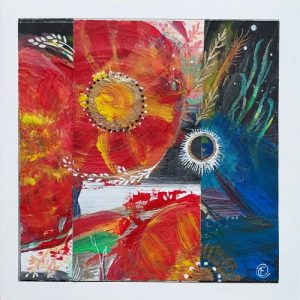 Collage Art, dubbele wenskaart met rode bloemen en kleurvlakken