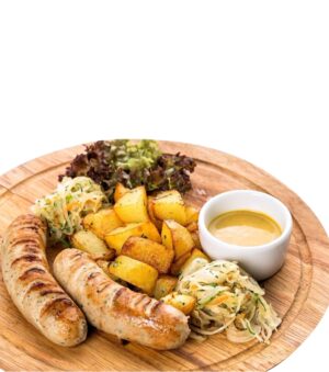 Баварские колбаски с картофелем и горчичным соусом  вес нетто  250 гр.+/- 5 гр.